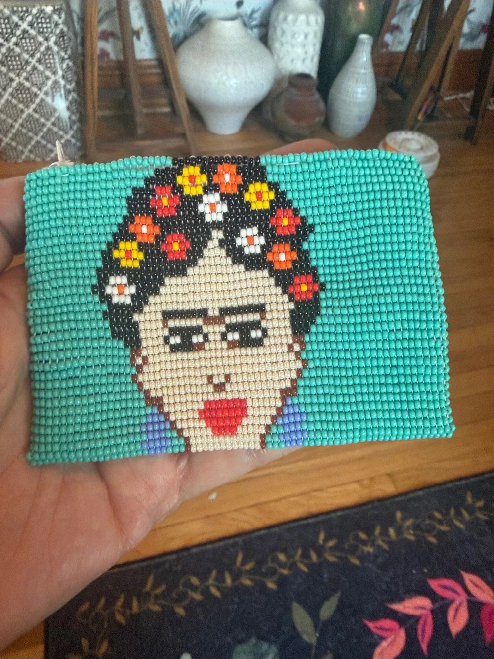 Beaded Frida Kahlo Mosaic Coin Pouch in Turquoise
